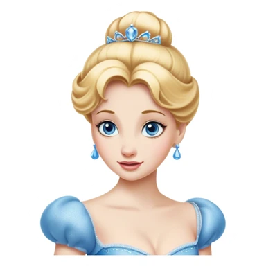 Cinematic Realistic Comical Cinderella Portrait, with every detail rendered realistically—from the soft, smooth texture of her fair skin to her artfully styled golden-blonde hair. Her bright blue eyes are wide with playful disbelief, and her expression carries a touch of whimsical humor while retaining elegant poise. Her classic ball gown, detailed with rich fabric textures and natural shadows, catches the light in a way that blends refined beauty with a hint of cheeky mischief, creating a striking, lifelike portrayal. sticker