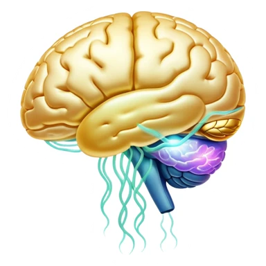 Pearlescent capsule floating between a translucent glowing brain and a translucent liver. Golden waves of connection emanate from the brain, representing improved memory, clarity and neural communication. The entire scene has an ethereal glow showing the beneficial properties of choline. sticker