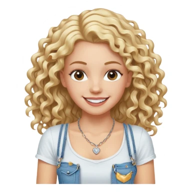 white girl with long curly blond hair and hairgrip, thin athletic with toned arms and legs, wearing jeans white strappy t-shirt necklace, big white smile sticker