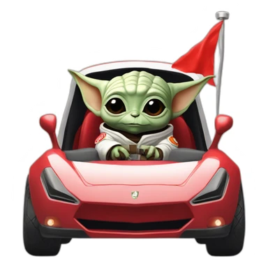 baby yoda unicorn driving a red ferrary in an astronaut suit with peace flag on t sticker