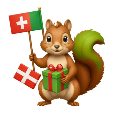 a squirrel holding a green gift box in one hand and a Swiss flag in the other, both objects clearly visible, simple white background sticker