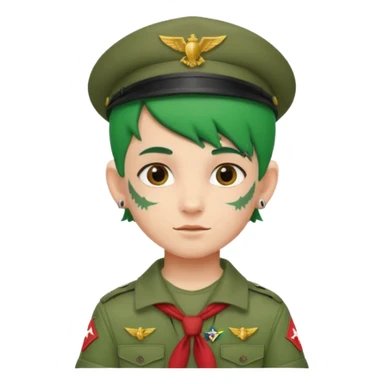 scout boy face tatooes green haired, wearing red uniform with hat sticker