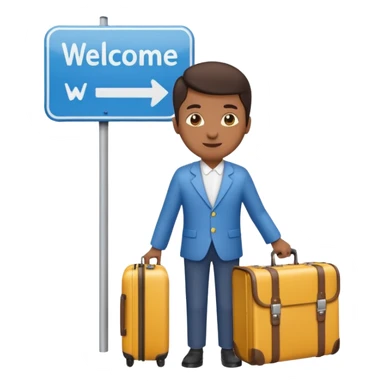a person holding a suitcase standing next to a welcome sign for a city, friendly and vibrant emoji style sticker