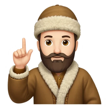 Create an emoji-style illustration of a Caucasian man from the Caucasus region, wearing a traditional woolen papakha hat and a robe made of sheepskin. He has a thick beard and is pointing one finger upward. The style should be simple and expressive, like an emoji. sticker