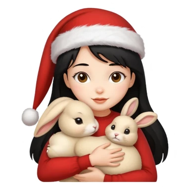 Girl black hair hugging one beige rabbit christmas sticker