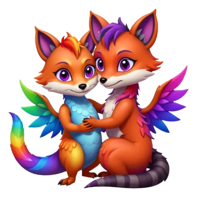 black female raccoon dragon hybrid with rainbow colored wings and purple eyes hugging a red female fox dragon hybrid with rainbow colored wings and orange eyes sticker