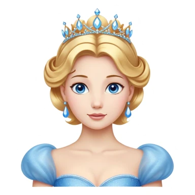 Cinematic Stunning Cinderella Portrait Emoji, Radiant in her sparkling blue ball gown, golden hair in a perfect updo, soft blue eyes full of wonder, glistening tiara, glowing with an ethereal beauty, regal yet kind, a dreamlike aura surrounds her, capturing the essence of a fairy tale princess, elegant and breathtaking! sticker