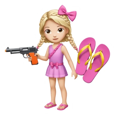 A girl who has a braid on one should and has a flipflop in one hand that has a bow while in the other hand she has a gun with a bow  sticker