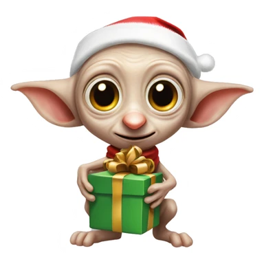 Dobby the house-elf wearing a tiny Santa hat, holding a wrapped gift with his big, joyful eyes shining sticker