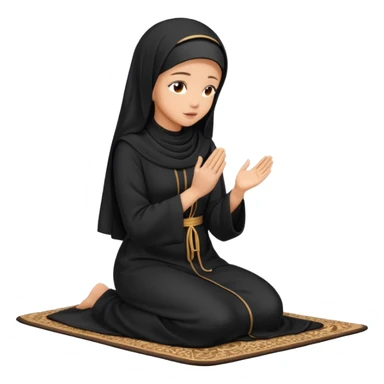 Light skin Muslim woman in black abaya side profile praying on prayer mat  holding up hands to god sticker