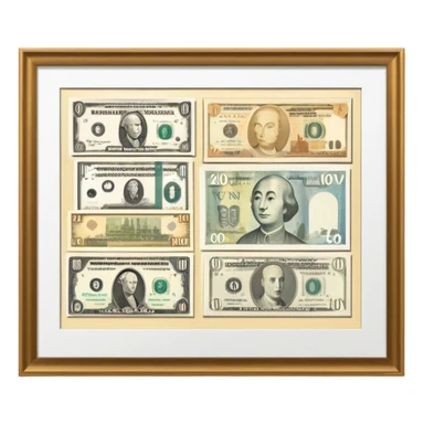 Icon for Banknote Collecting: old and new banknotes from different countries such as Euro, Dollar, Yen, Krona, Yuan, and others, displayed in frames on a wall. The icon should evoke the diversity and richness of currency collection. Transparent background. sticker