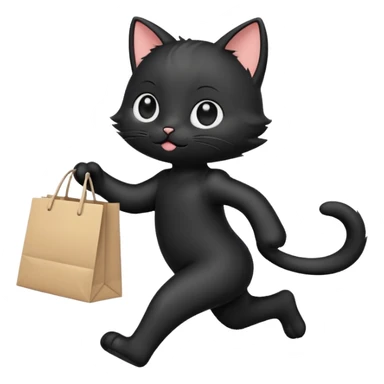 A cute chibi-style black cat emoji in side view like 🏃, running on two legs while holding a shopping bag. Short limbs, small body proportions (SD character style), round head, big expressive eyes, minimalist emoji design, soft colors, vector look. sticker