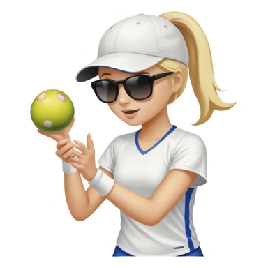 Girl with blond hair in a ponytail wearing a white baseball cap and sunglasses playing pickleball sticker