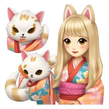 hime gyaru girl, kimono, kitsune mask sticker
