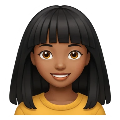 black girl with long black hair with bangs, happy sticker