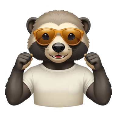 friendly anthropomorphised honey badger head and neck wearing sunglasses, top of t-shirt visible sticker