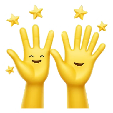 A 3D digital emoji of two yellow cartoon hands doing a joyful high five, palms clapping together in the air, with bright sparkles and motion lines to show excitement and celebration, Apple emoji style sticker