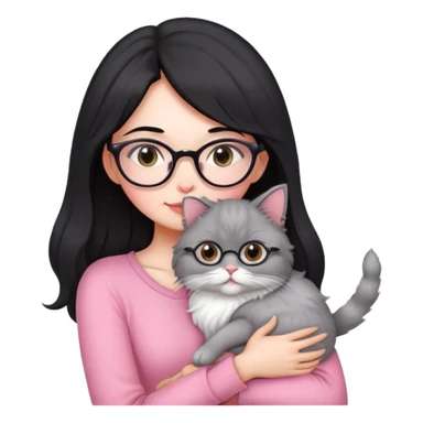 Beautiful skinny woman medium black hair with oval glasses in pink outfit hug persian-angora grey cat sticker