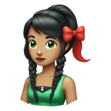 Mermaid with black hair in a ponytail with bangs swoop to the side, green eyes, red tail, white vest with green bows as buttons sticker