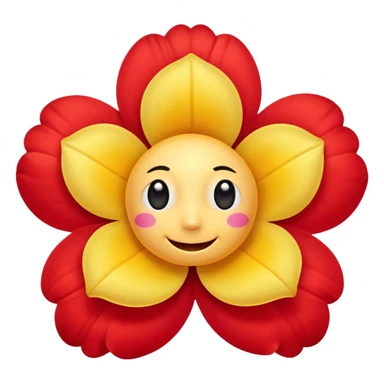 A flower with round yellow face with soft gradients, large glossy black cartoon eyes, and a simple curved smile. Surrounding bright red inflated petals with smooth shading and soft reflections. sticker