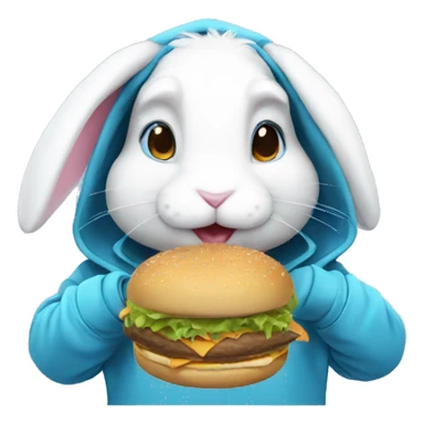 White bunny wearing blue pastel hoodie and eat  a burger sticker