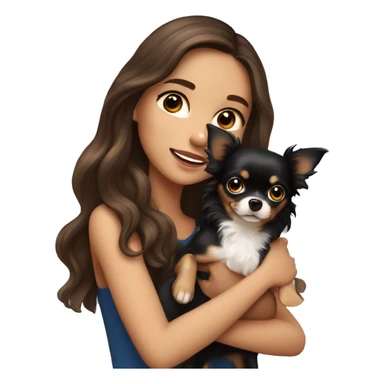 Pretty girl with long wavy brown hair, blue eyes, holding a black and tan chihuahua sticker