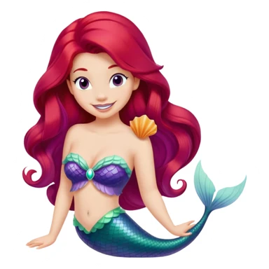 Disney Ariel mermaid with long red hair, green tail, and purple seashell top, smiling sticker