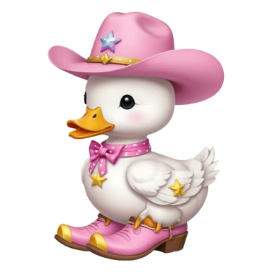 A white duck wearing a pink cowboy hat with a pink bow around its neck and pink cowboy boots with yellow stars sticker