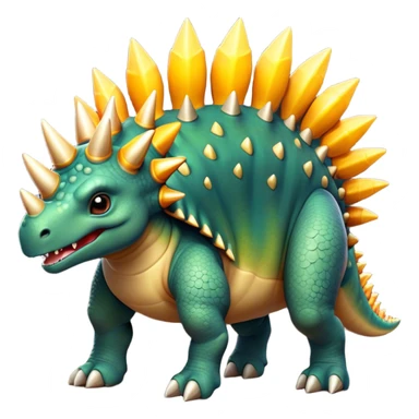Cinematic Noble Stegosaurus Portrait Emoji, Poised and dignified, with a sturdy, low-slung body adorned by a distinctive row of bony plates along its back and a spiked tail, a small, determined head with observant eyes, Simplified yet sharply defined features, highly detailed, glowing with a soft, earthy radiance, high shine, intelligent and resolute, stylized with an air of ancient armored majesty, focused and alert, soft glowing outline, capturing the essence of a watchful and confident Stegosaurus that appears ready to lumber out of the screen with effortless authority! sticker