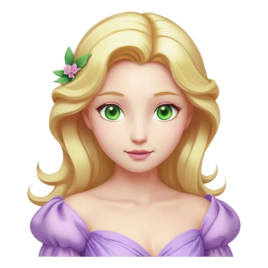 Cinematic Realistic Rapunzel Portrait, with porcelain-like skin featuring a subtle, natural glow, illuminated by soft lighting that brings out the gentle contours of her face. Her long, golden blonde hair cascades in detailed waves, each strand highlighted with a radiant shimmer as it catches the light. Her bright, expressive green eyes exude curiosity and warmth, framed by delicate lashes and soft, arched brows. Her expression is playful and vibrant, with a gentle smile. She is dressed in her classic lavender and pink gown, the fabric textured with delicate folds that flow naturally, catching the light with a soft, radiant glow. The portrait captures a luminous, enchanting aura, seamlessly blending realism with a whimsical, fairytale charm, evoking a timeless sense of beauty and magic. sticker