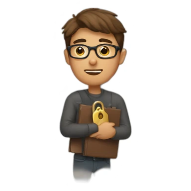 brown-short-haired man wearing glasses, struggling to fit a key into a door-lock sticker