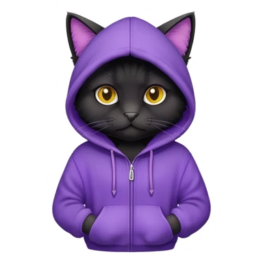 Black cat wearing a purple hoodie sticker