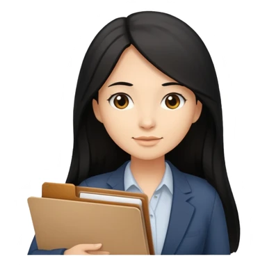 a light tan woman with long black hair past mid-back, round brown eyes and manila folder in her hands sticker