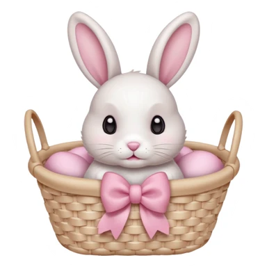 light pink bow on a beige white wooven basket. A bunny with its paws a bit out and sift white fur cute eyes sticker