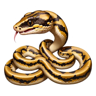 A close-up 3/4 view of the Ball Python with the front half raised slightly in an S-shape and its tongue flicking out. The head is angled curiously toward the viewer, showing both personality and motion. sticker
