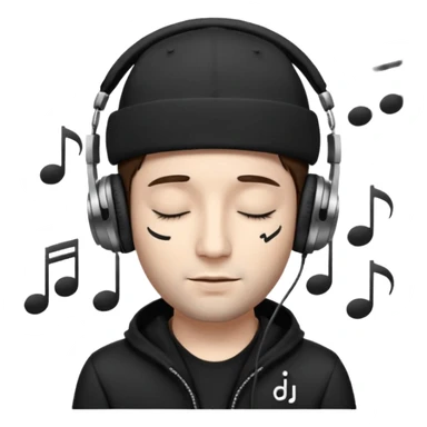 dj man white with baseball cap - rayban Sun Glasses 80s - brown hair - closed eyes with headphones on with musical note over head (listening to music ) - eyes closed no glasses - black hat  musical notes floating around head - DJ DLG written on hat sticker