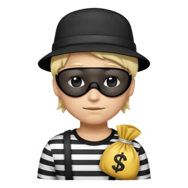 Realistic ios emoji-style portrait of a classic burglar, a black eye mask and a black-and-white striped shirt. emoji-like hair, black hat, a bag of money 💰 with a dollar sign in a right corner, mean expression  sticker
