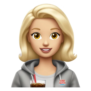 Blonde Barbie wearing light gray sweatshirt, holding a glass of cola on ice  sticker