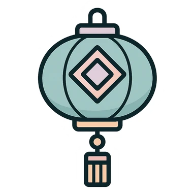 beautiful Chinese lantern with geometric ornament and tassel, icon-color-outlined style, thin clean contours, soft rounded shapes, pastel palette #98B5BC, #B5B3C1, #C9A3C9, #E4C0CA, #F7DCD1, #F7C0AA, detailed shadows and highlights, soft lighting, transparent background, eastern style sticker