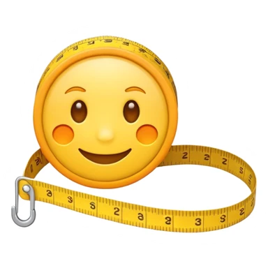 Cute emoji-style measuring tape roll, yellow color with orange highlights, soft edges, small eyes and smile for fun cartoon effect, simple emoji icon style. sticker