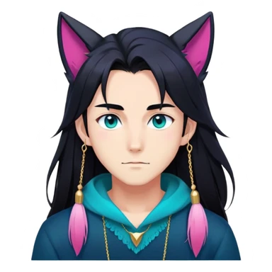 anime man with long-straight-dark-black hair, long black fox ears with pink Scapha, colorful-gradient-brown-turquoise eyes, gold earring, dark-blue-sweater, white pupils, turquoise tassel sticker
