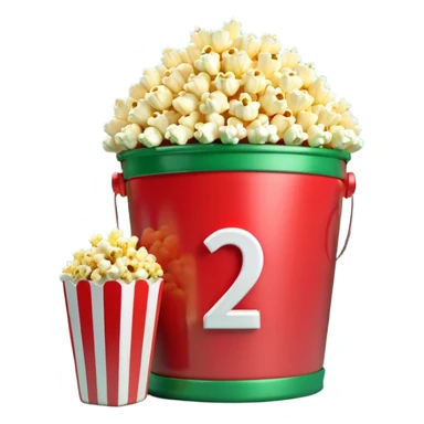 A 3D number 2 in a movie theater setting, shiny red surface; bright string lights on the number, the border is green with tiny string lights like stroke ; cinematic glow with subtle haze; glossy, premium Hollywood countdown look; centered composition. sticker