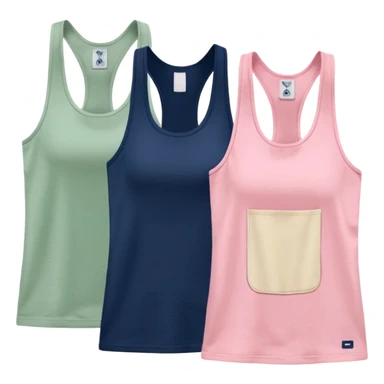 Multiple racerback tank tops, one cream one cream one sage green one navy blue one pink sticker