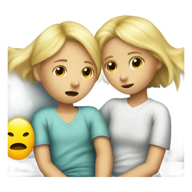 Two blonde children, each in their own bed at home, sick, sad, each wearing a surgical mask, one is a Boy, one is a girl, get well soon sign with yellow heart sticker