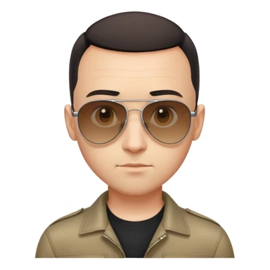 Oval-faced man with large forehead, aviator sunglasses with metal frame, extremely short dark hair with completely bald sides (skin fade), light tan skin, friendly neutral expression, black shirt sticker