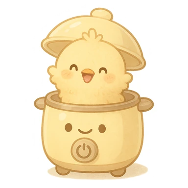 chibi egg cooker with a soft fluffy chick popping out of the lid, smiling brightly, soft yellow tones, full-body sticker