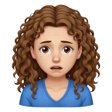 white young curly long hair girl, brown hair, with a blue shirt, in despair crying, brown eyes, septum sticker
