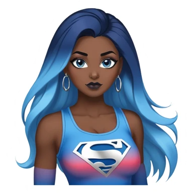 body with long legs-very very very large chest with clevage-sexy face-black leggings-puma hightops-very long very straight dark blue to light blue ombre hair-and-blue eyes-thick black eyeliner-thick long eyelashes-sky blue lowcut tanktop with glitter superman logo-silver hoop earrings sticker