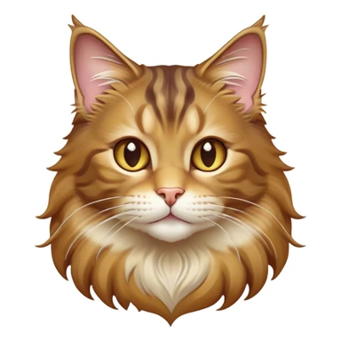 Cinematic Cute Maine Coon Cat Portrait Emoji, Head tilted playfully and inquisitively, sleek brown, gold, and cream tones, Simplified yet adorable features, highly detailed, glowing with a warm, friendly glow, high shine, curious and affectionate, stylized with a touch of whimsy, bright and alert, soft glowing outline, capturing the essence of a mischievous yet loving kitten, so endearing it feels like it could pounce out of the screen and play with its fluffy tail swishing! sticker