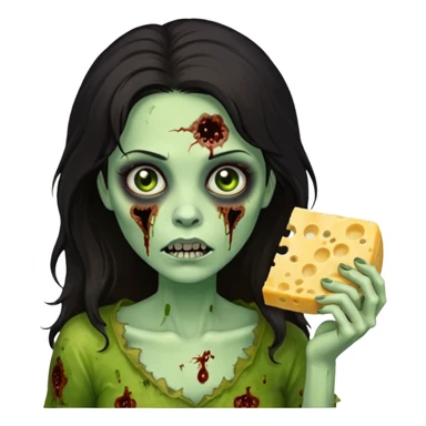 dark haired woman zombie holding moldy cheese piece sticker